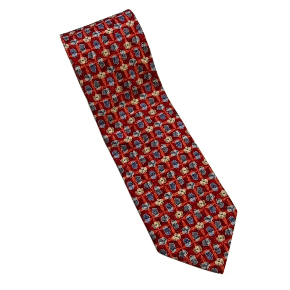 Luxury Ermenegildo Zegna Red Geometric Floral 100% Silk Italian Designer Tie